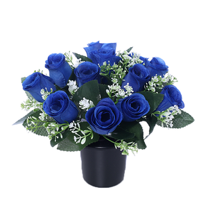 Rose, Gyp and Foliage Memorial Grave Pot - Blue