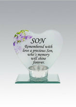 Load image into Gallery viewer, Glass Heart Memorial Plaque Tea Light Candle Holder Floral Graveside Tribute
