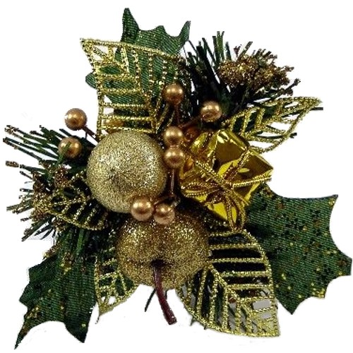17cm Christmas Xmas Pick with Apple Leaf and Parcel Gold