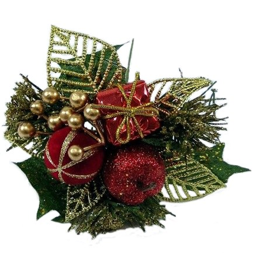 17cm Christmas Xmas Pick with Apple Leaf and Parcel Red