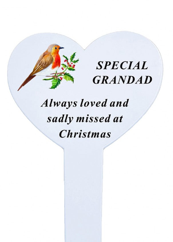 White Heart Christmas Memorial Robin Stake Stick - Xmas Plaque Verse Graveside