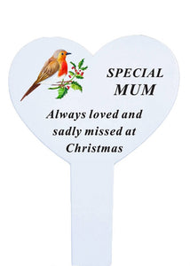 White Heart Christmas Memorial Robin Stake Stick - Xmas Plaque Verse Graveside