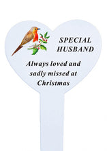 Load image into Gallery viewer, White Heart Christmas Memorial Robin Stake Stick - Xmas Plaque Verse Graveside