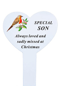 White Heart Christmas Memorial Robin Stake Stick - Xmas Plaque Verse Graveside