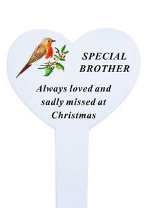 White Heart Christmas Memorial Robin Stake Stick - Xmas Plaque Verse Graveside