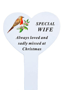 White Heart Christmas Memorial Robin Stake Stick - Xmas Plaque Verse Graveside