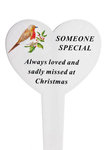 White Heart Christmas Memorial Robin Stake Stick - Xmas Plaque Verse Graveside