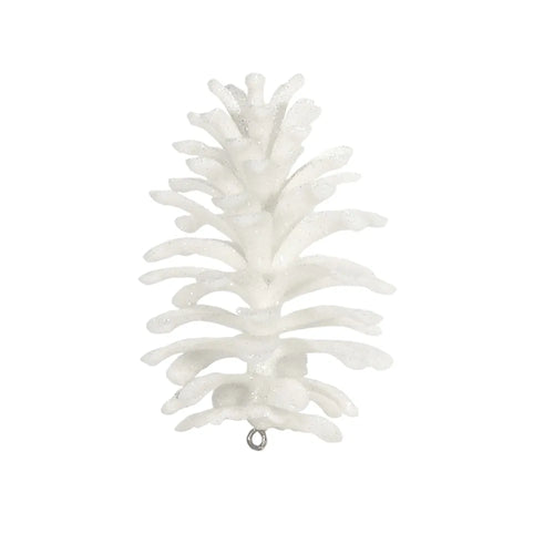 1 x 12cm White Glittered Pine Cone Hanging Bauble Decoration - Christmas