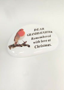 White Robin Pebble Christmas Memorial Tribute - Xmas Tree Plaque Verse Graveside