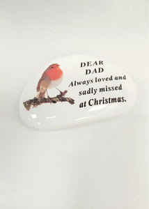 White Robin Pebble Christmas Memorial Tribute - Xmas Tree Plaque Verse Graveside