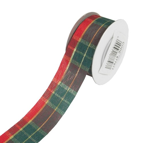 Festive Fabric Cut Edge Tartan Ribbon Red/Green/Gold 25mm x 10yds