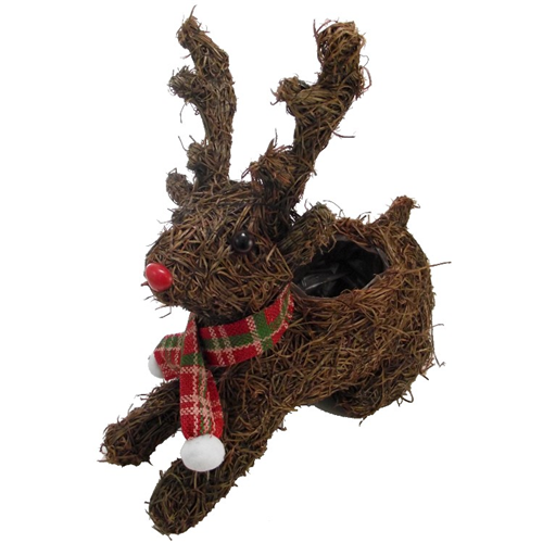 31 cm Natural Salim Sitting Reindeer Planter with Lining - Christmas Decoration Gift Plane